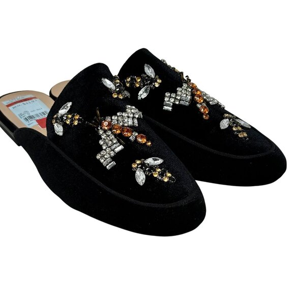 INC Black Bug Gannie 5 Velvet Rhinestone Dragonfly Bumblebee 8 Mules Flats READ - Picture 4 of 11